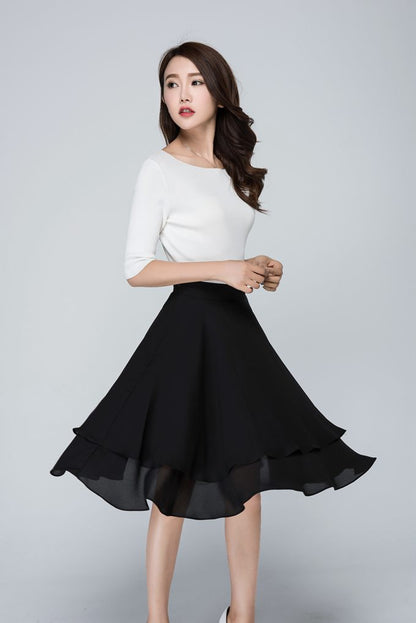 Black Chiffon Skater Skirt - Flare Silhouette with Hidden Zipper 1564