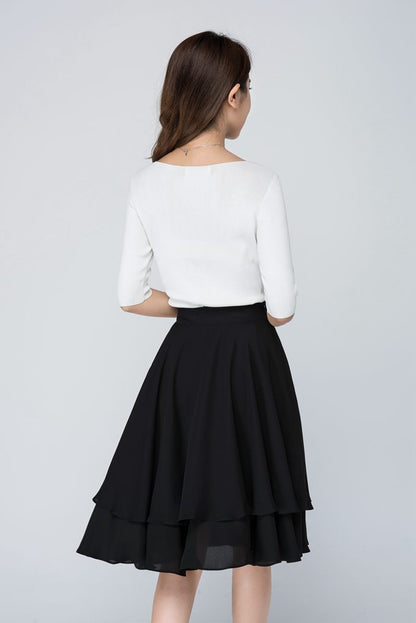 Black Chiffon Skater Skirt - Flare Silhouette with Hidden Zipper 1564
