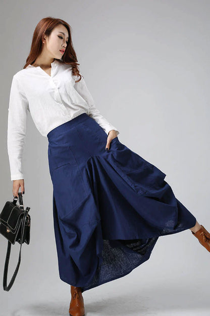 Blue Linen Maxi Skirt - Layered Irregular Hem | Xiaolizi 824