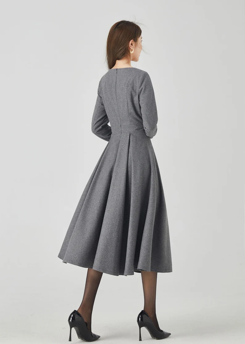 Gray Wool Dress, Midi wool dress 4525
