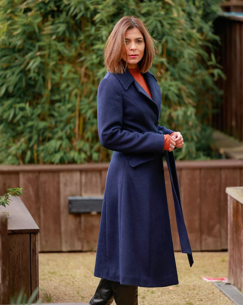 Belted navy blue warm long wool coat 4144