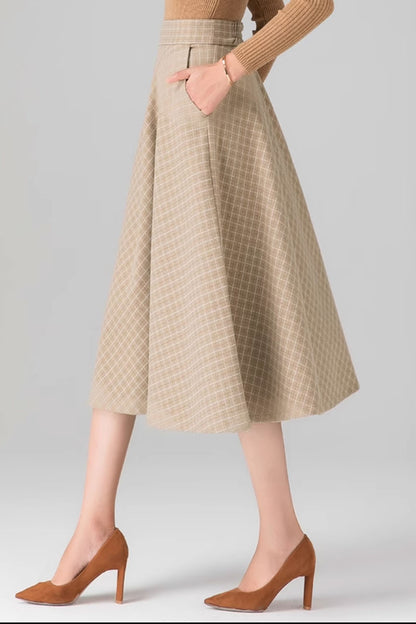 Plaid winter midi wool skirt women 4650