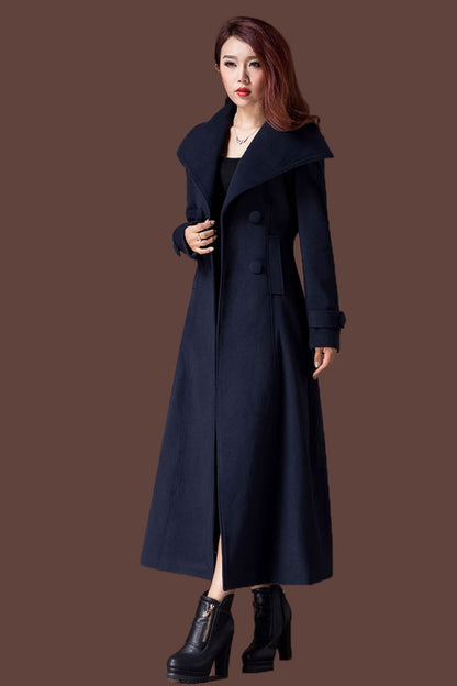 Red Wool Long Coat - Tie Belt, Big Collar Winter Outerwear 4689