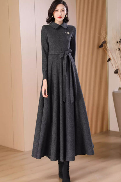 Dark Gray Wool Maxi Dress - Flowy Fit with Lapel Collar 4791