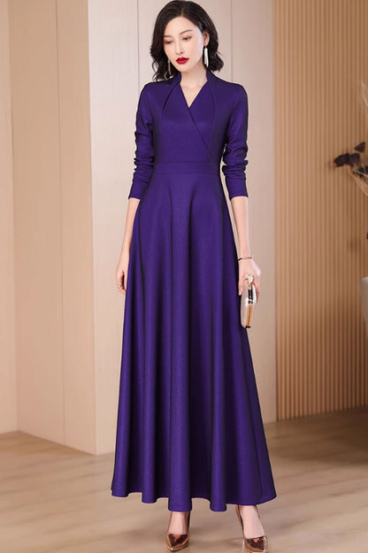 Purple Polyester Fit and Flare Maxi Dress - V-Neck, Long Sleeve 4790