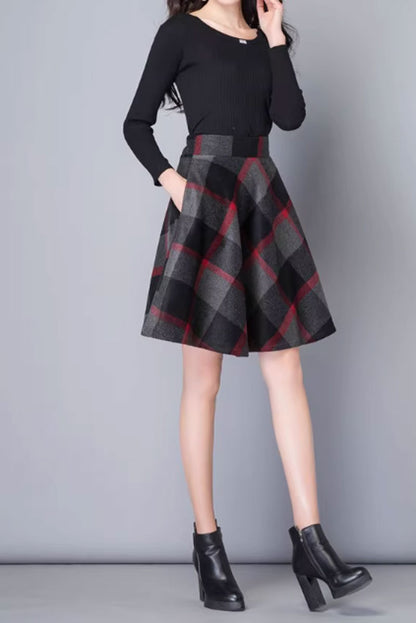 Black and Gray Wool A-Line Skirt - Short Winter Elegance 4655