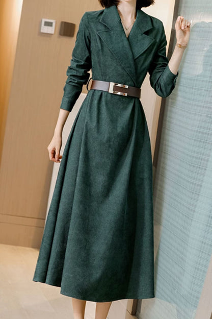 Green Wool Corduroy Dress - Long Sleeve, Tie Belt Waist 4561