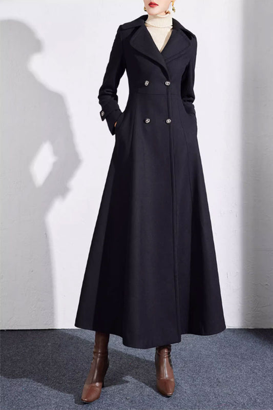 Black swing a line long wool coat women 4701