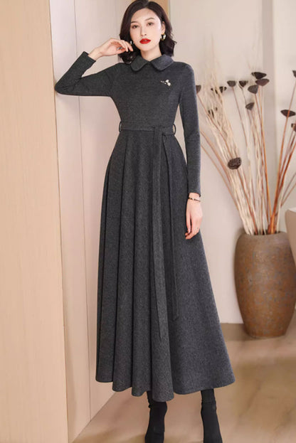 Dark Gray Wool Maxi Dress - Flowy Fit with Lapel Collar 4791
