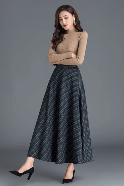 Plaid Wool Maxi Skirt - Vintage A-Line Silhouette 4674-1