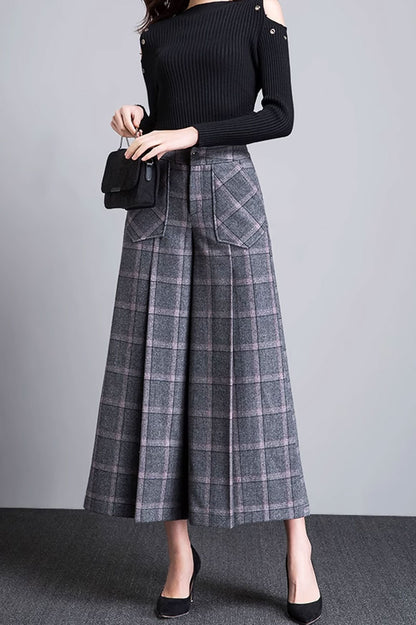 Gray Wool Midi Wide Leg Pants - Plaid, Loose Fit 4659