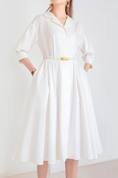 White Cotton Blend A-Line Shirt Dress - Fitted Waist, 3/4 Sleeves 4879