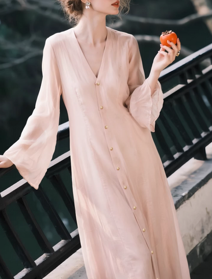 Pink A-Line Midi Dress – Romantic V-Neck Button Front Spring Dress | Xiaolizi 6641