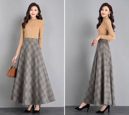 Plaid Wool A-Line Skirt - Ankle Length with Pockets 4640