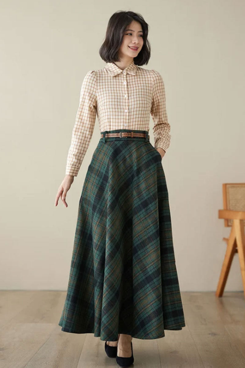 Green Maxi Wool Plaid Skirt 4621