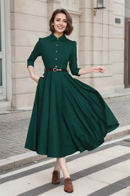 Dress Fashion Elegant Japanese Dresses SERENA Close Fitting Linen Dress  With 3/4 Sleeves, Midi Dress,
