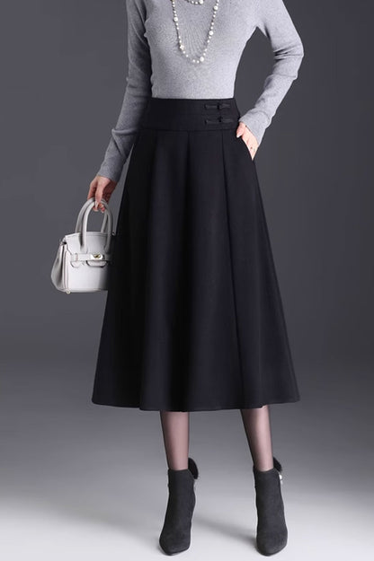 Elegant Brown Wool Skirt – Handmade A-Line Midi, Lined & With Pockets | Xiaolizi 4745