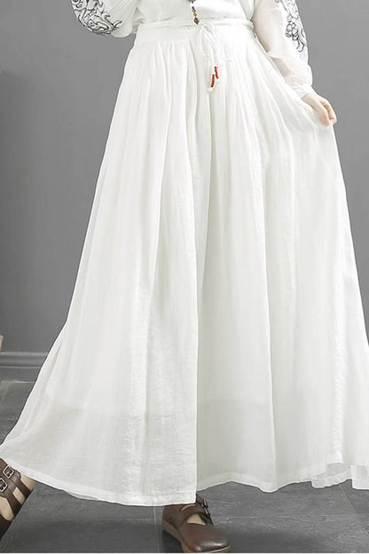 White Linen Maxi Skirt - Elastic Waist A-Line Flow 4345
