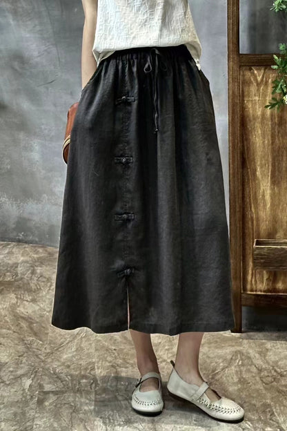 Linen Drawstring Waist Midi Skirt - Pockets Button Detail | Xiaolizi 4305