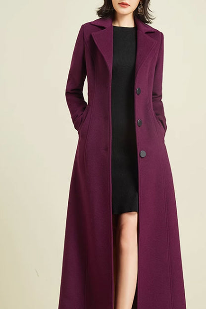 Green Wool Maxi Coat - Belted Waist, Lapel Collar 4590
