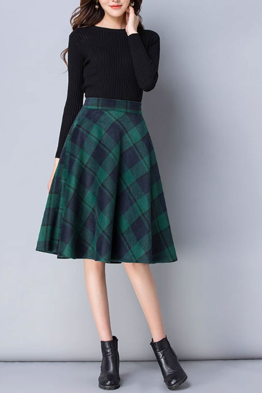 Knee length plaid winter wool skirt 4642-1