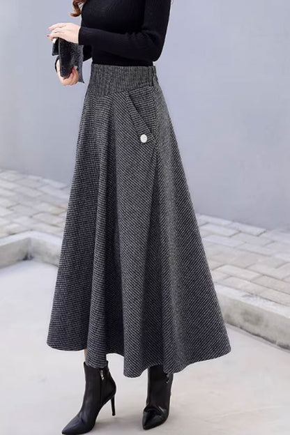Black & Gray Wool Midi Skirt - A-Line Silhouette with Pockets 4645