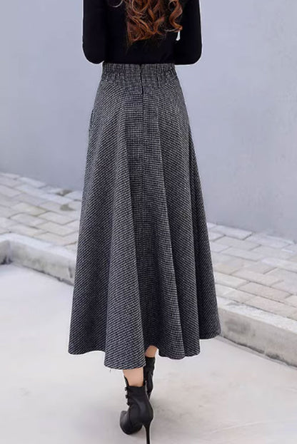 Black & Gray Wool Midi Skirt - A-Line Silhouette with Pockets 4645