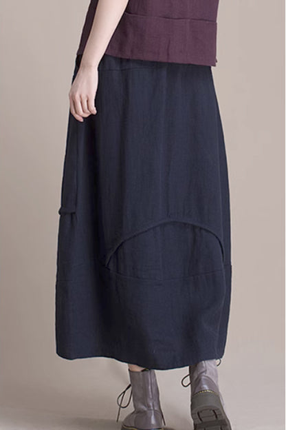 Brown Linen Midi Skirt - Bubble Silhouette with Pockets 4363