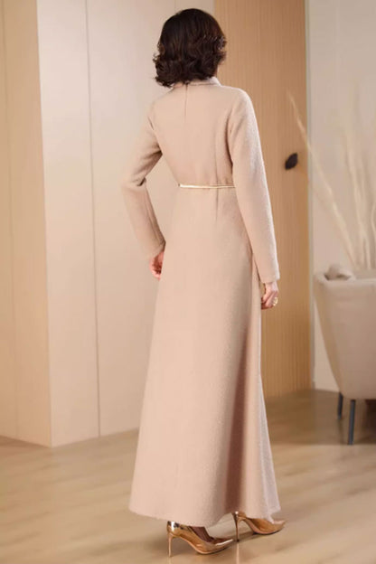 Beige Wool Maxi Dress - High Waist, Long Sleeve 4710