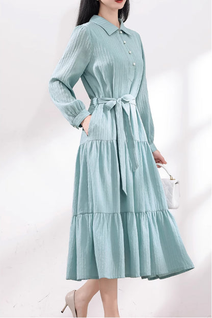 Blue Polyester Shirt Dress with Tie Belt Waist - Tiered, Long Sleeve 4877