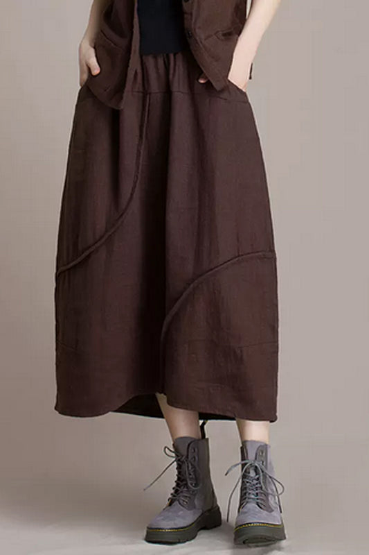 Midi bubble linen patchwork skirt for women 4363