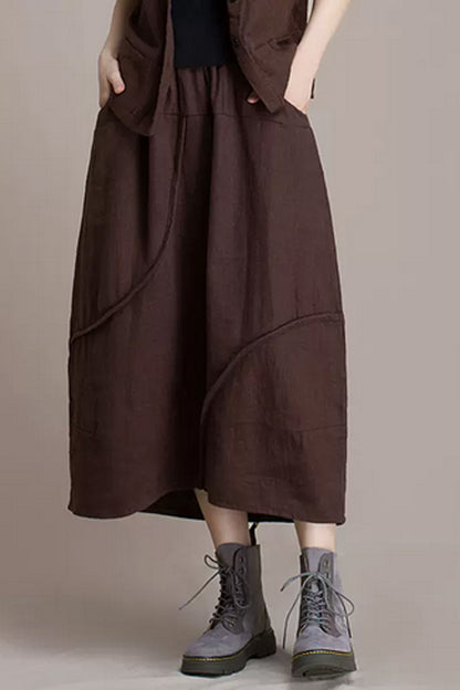 Brown Linen Midi Skirt - Bubble Silhouette with Pockets 4363