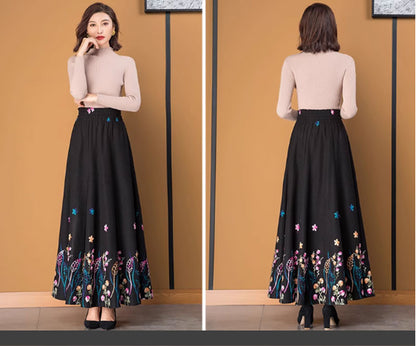 Black Wool Maxi Skirt - Embroidered A-Line Silhouette 4769
