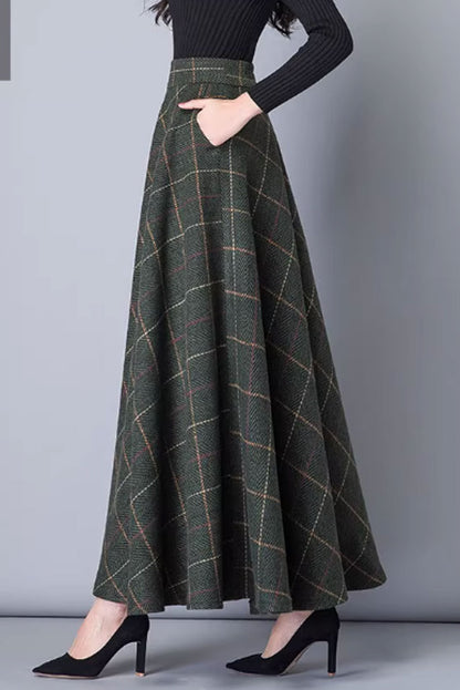 Winter Wool Maxi Skirt - Plaid Pattern with Pockets 4639-6