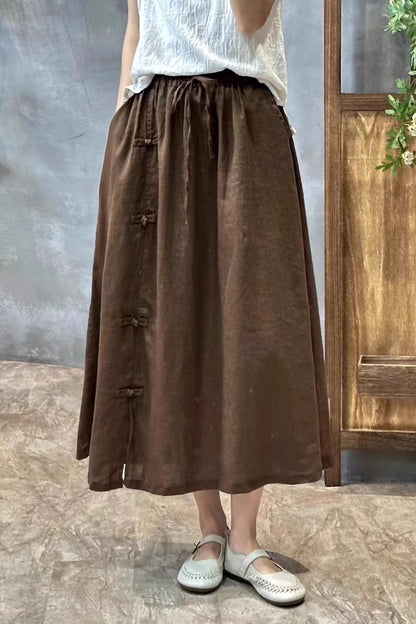 Linen Drawstring Waist Midi Skirt - Pockets Button Detail | Xiaolizi 4305