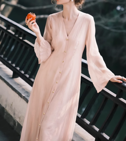 Pink A-Line Midi Dress – Romantic V-Neck Button Front Spring Dress | Xiaolizi 6641