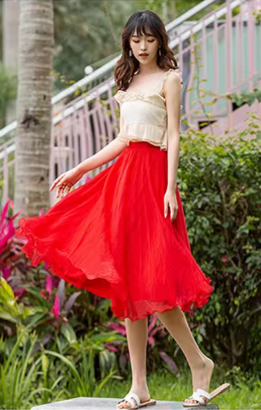 Red elastic waist summer chiffon skirt 6187- red