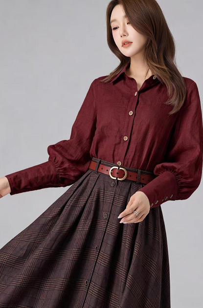 Red Linen Top - Vintage Lantern Sleeves with Button Front 6918