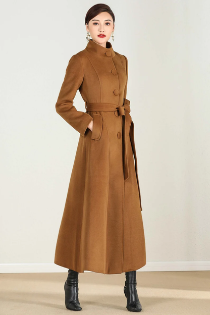 Camel Wool Maxi Coat - Single Breasted A-Line with Tie Waist 2498