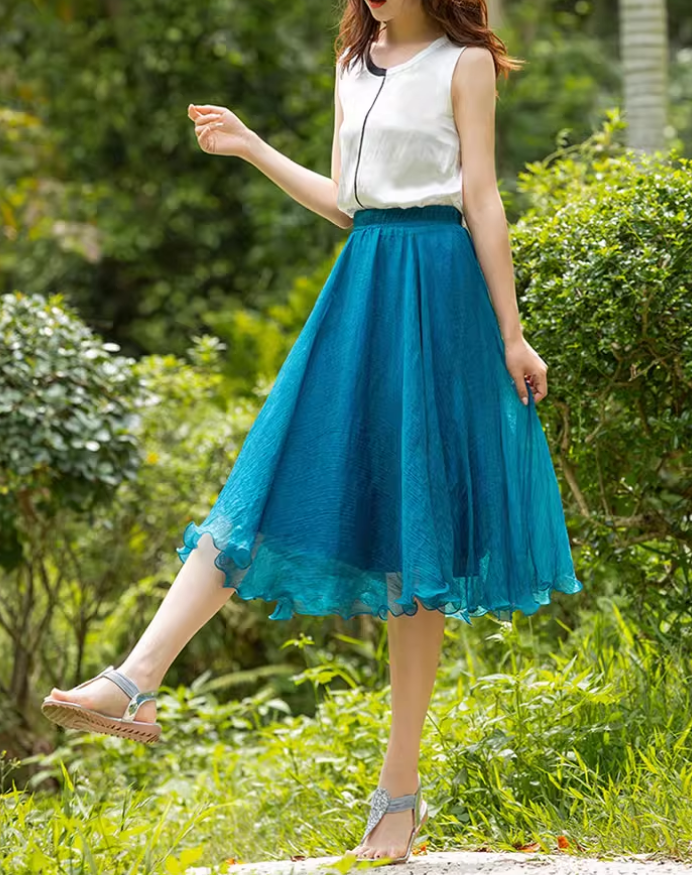 Midi elastic waist summer chiffon skirt 6187- blue