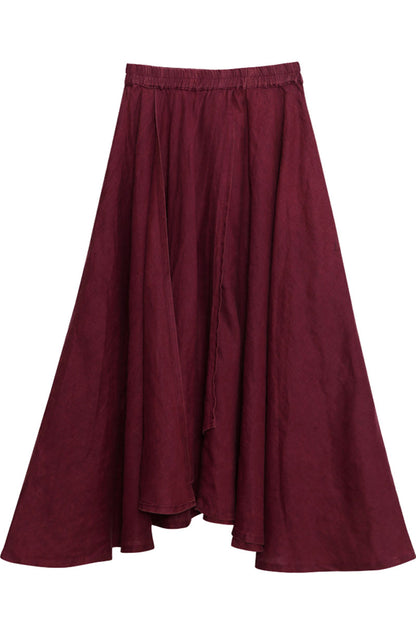 Burgundy Linen Cotton Maxi Skirt - Asymmetrical Soft Flow 4301