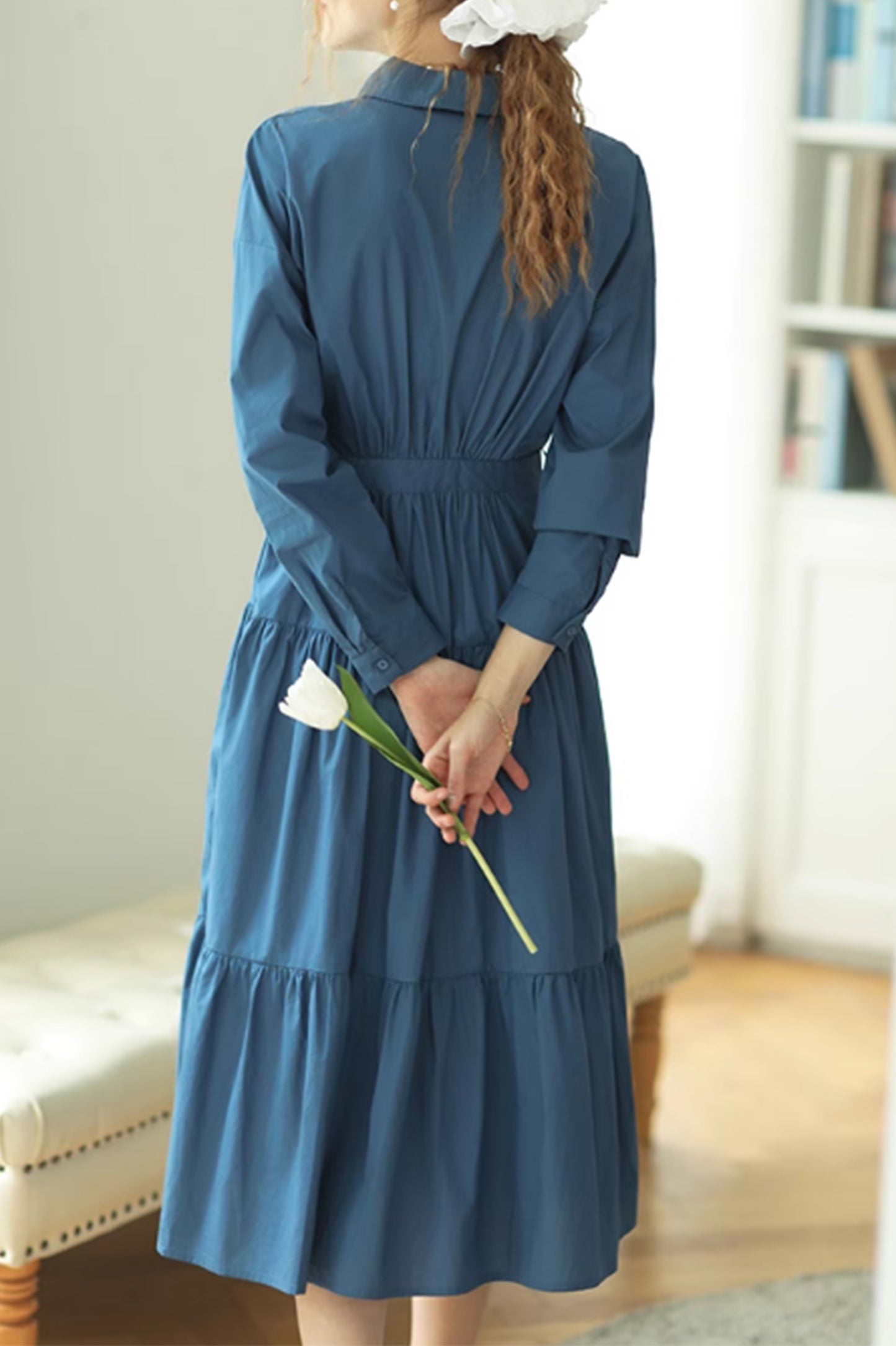 Spring blue tie belt dress women 4883