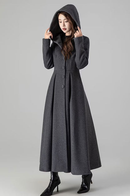 Dark Grey Wool Coat - Long Swing with Hooded Neck 4507