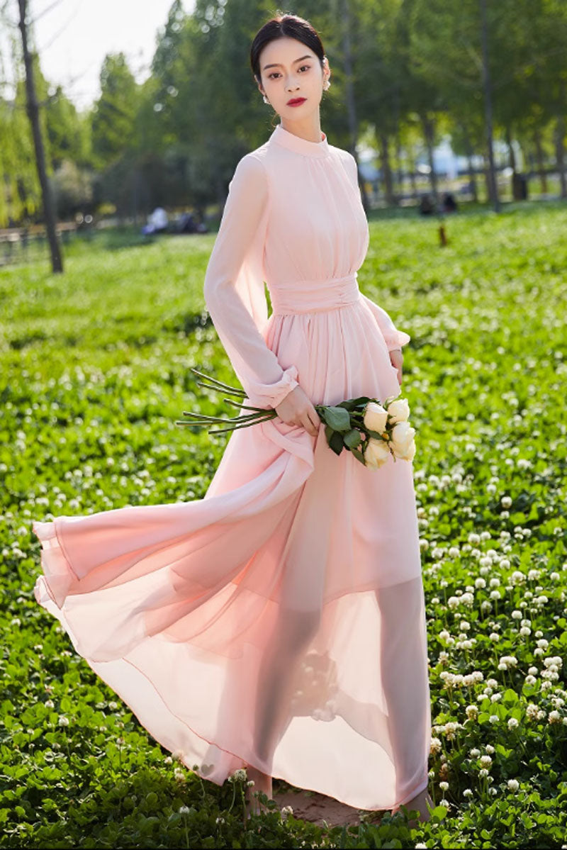 long sleeves pink fit and flare chiffon dress 4449