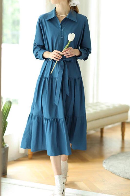 Spring blue tie belt dress women 4883