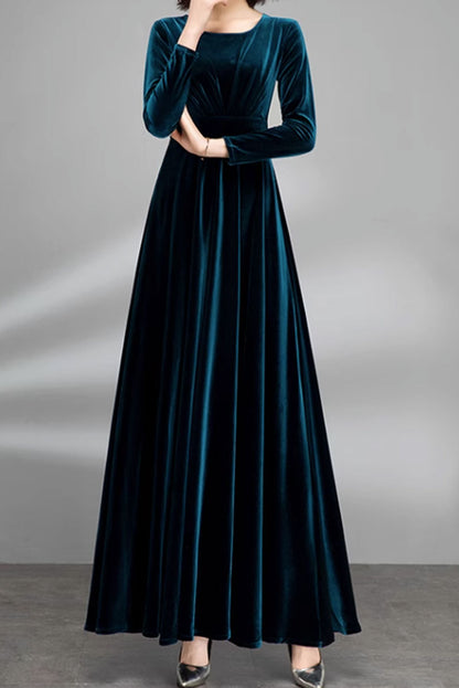 Dark Blue Velvet Maxi Dress - Fitted Waist, Long Sleeve Elegance 4478