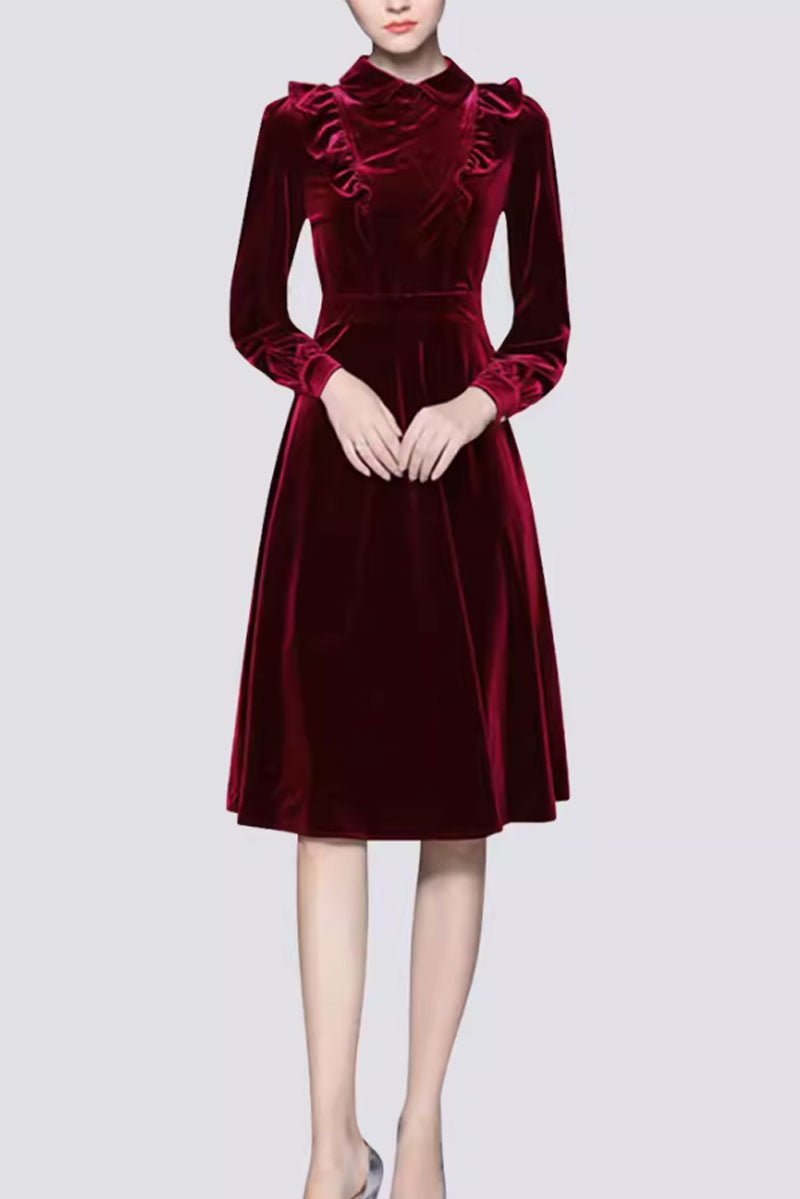 Knee length velvet womens dresses with ruffle details 4798 Xiaolizi Knee length velvet womens dresses with ruffle details 4798 Xiaolizi