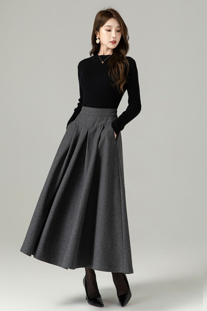 Burgundy Wool Maxi Skirt – Vintage High Waist A-Line Winter Skirt with Pockets 5227