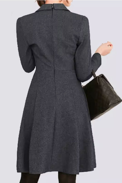 Charcoal Wool Blend Fit and Flare Dress - Lapel Collar, Knee Length 4800
