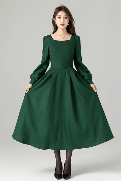 Handmade Emerald Green Wool Midi Dress – Vintage Fit and Flare Winter Dress | Xiaolizi 4492